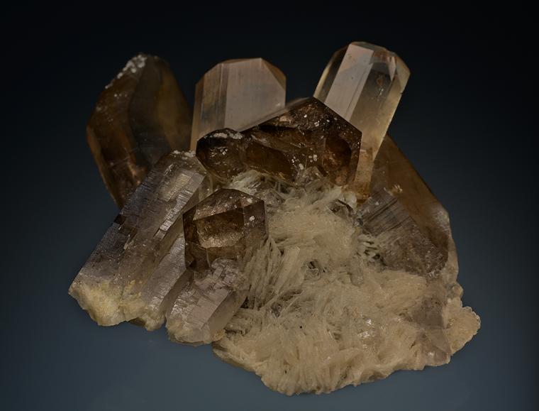 TOPAZ on QUARTZ var. Smoky with ALBITE (repaired)